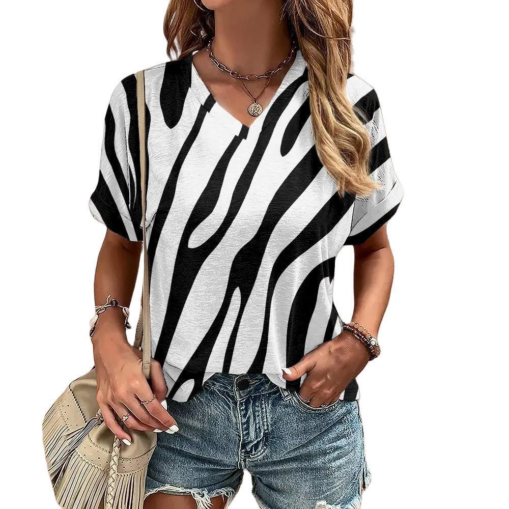 S-8XL Летняя футболка размера плюс для женщин с V-образным вырезом Повседневная мода Граффити Футболки Harajuku Одежда Свободные топы с коротким рукавом Пуловер