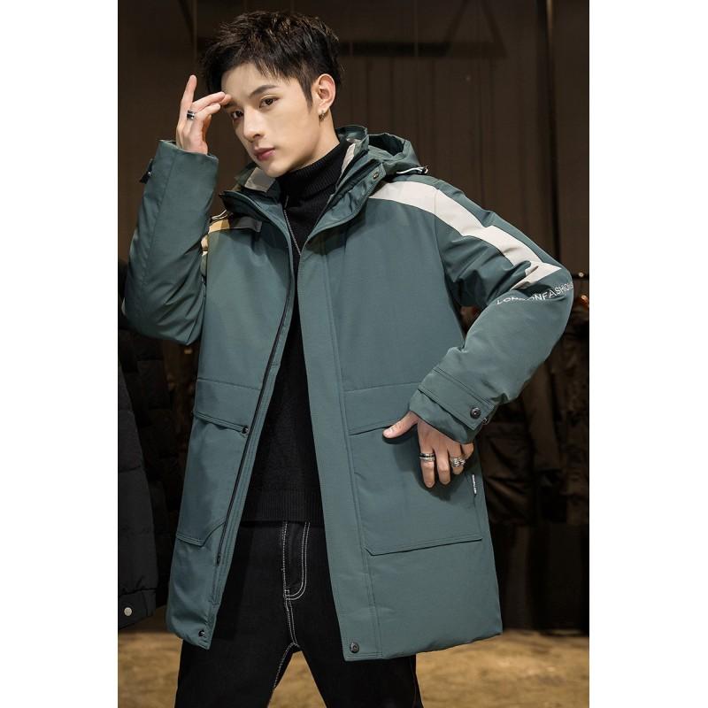 Mens Mid-Length Hooded Down Jacket Winter Warm Thick Puffer Coat Streetwear Style Youth