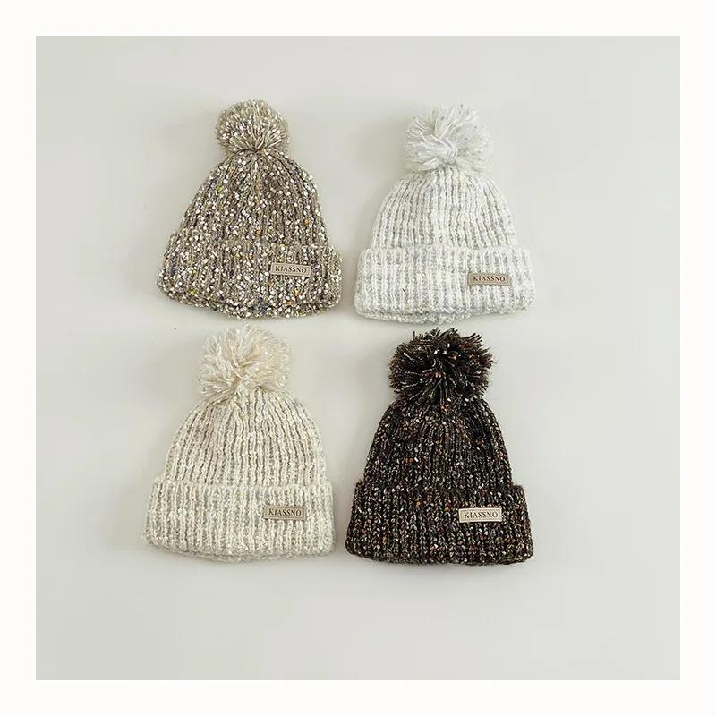 Шикарная теплая детская шапочка для мальчика и девочки, модная ретро вязаная шапка, пушистый шарик, осень-зима, теплая флисовая плюшевая детская вязаная шапочка