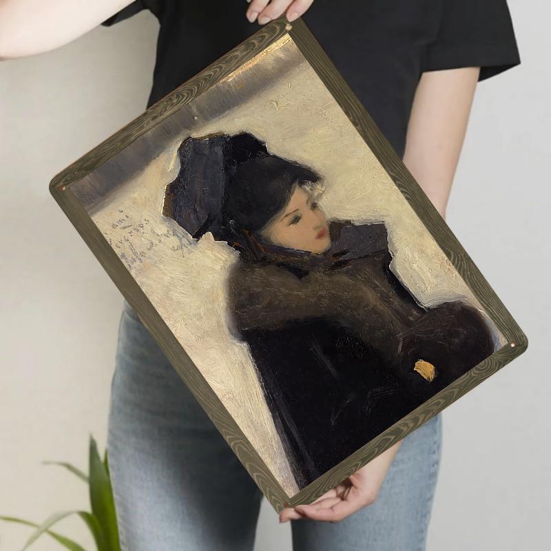 Vintage European Girl Snow Scene Metal Wall Art Living RoomPainting