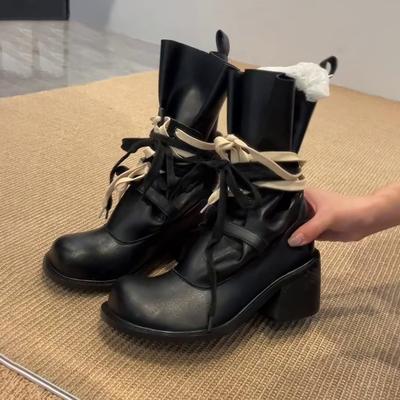 Ретро Spice Girls На шнуровке Ботинки Мартина На толстой подошве Увеличивающие рост Полусапоги Женские Узкие Британские Короткие Мотоциклетные Ботинки