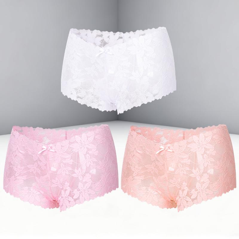 FINETOO 3Pcs Women's Sexy Lace Floral Perspective Boyshorts Solid Color Hollow Out Boxer Panties Female Breathable Transparent Lingerie