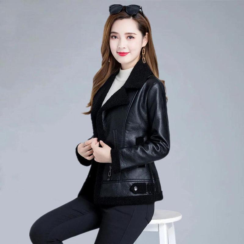 Зимнее женское кожаное модное меховое пальто из овечьего меха плюс бархатное толстое короткое кожаное пальто большого размера