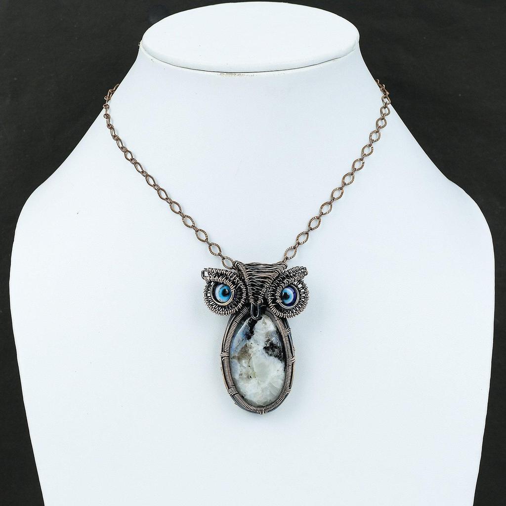 Подвеска с радужным лунным камнем, подвеска из медной проволоки, ювелирное изделие ручной работы, подвеска от сглаза синего цвета, подвеска в виде совы, драгоценный камень, медное ювелирное изделие в подарок