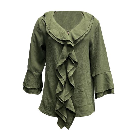 Women Shirt V-Neck 45355 Flying Sleeve Ruffle Stitching Design Solid Color Pullover Tops Loose Fit Casual