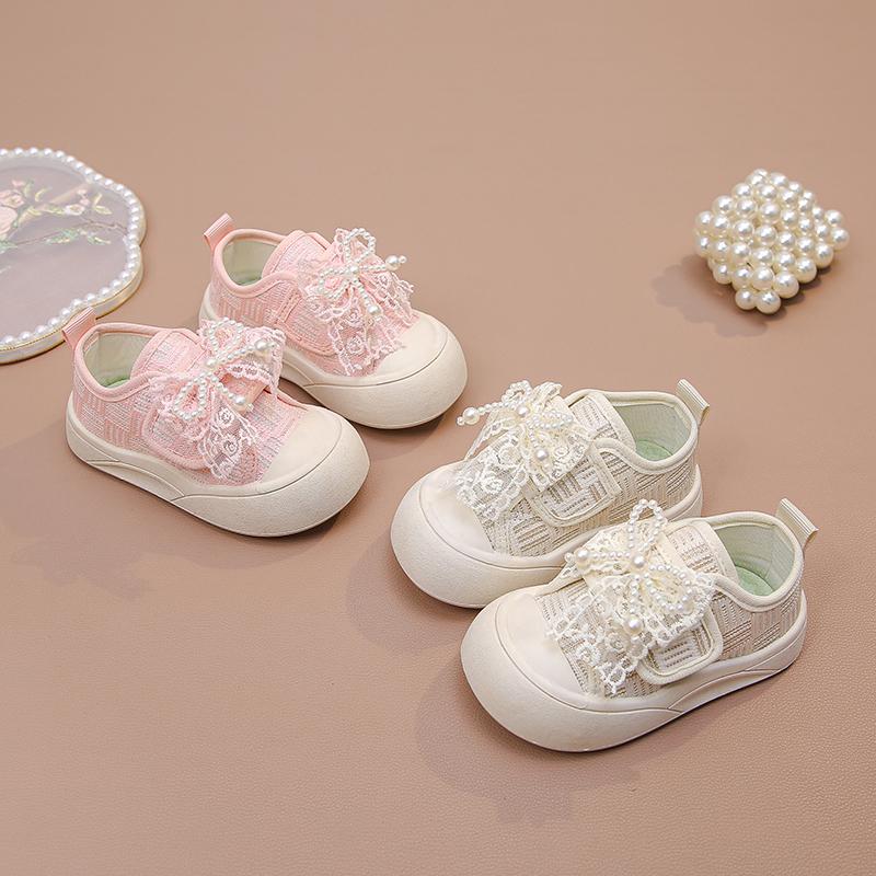 Girls Canvas Shoes Sweet Lace Bows Kids Flat Shoes Soft Bottom Non-slip 2025 New Fashion Children Princess Shoes Beading Cute