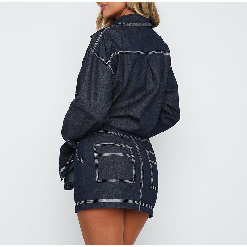 Vintage Denim 2 Piece Sets Women's Mini Skirts Polo Collar Long Sleeve Pockets Tops Hip Package Skirt Lady Streetwear 2025 Spring Summer