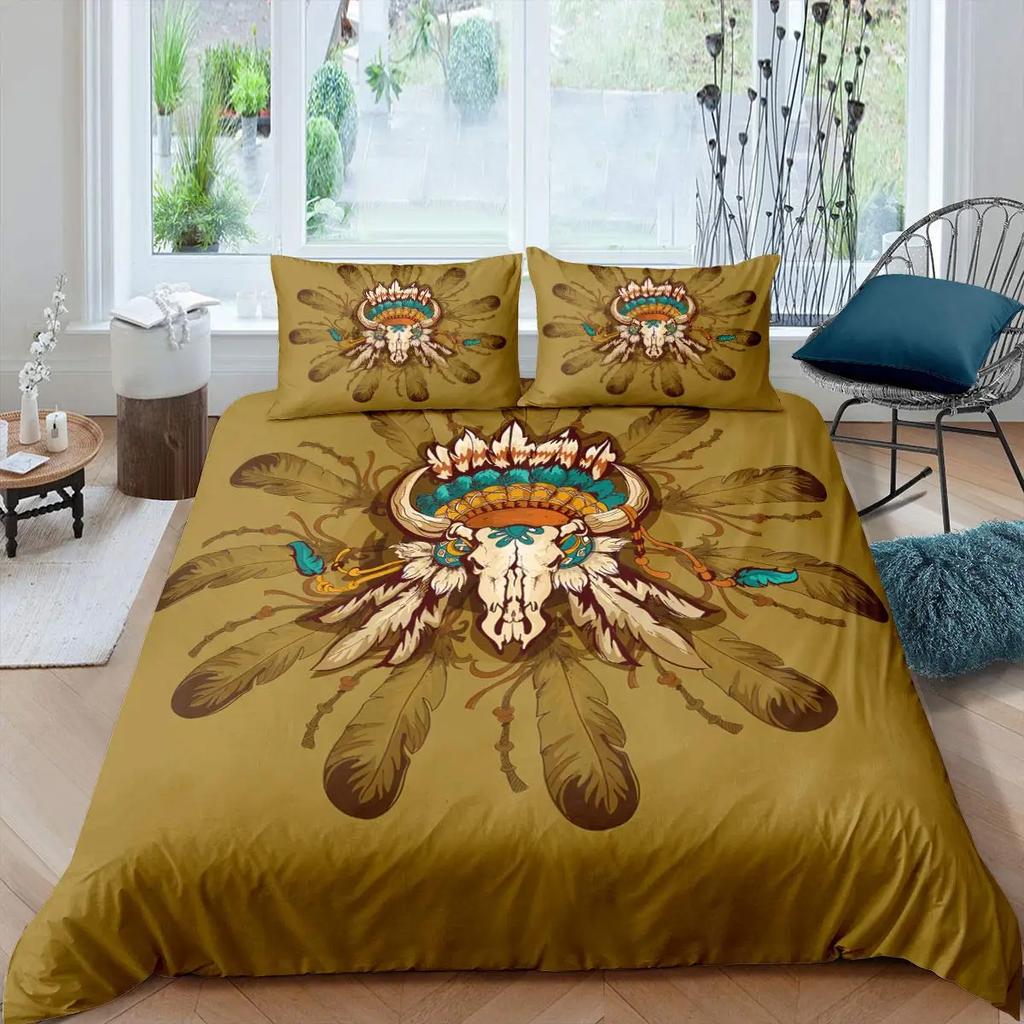 Пододеяльник с изображением черепа коровы Queen Подсолнух Комплект постельного белья с изображением скелета коровы/быка Ботанический цветочный узор с листьями Бохо Племенной полиэстеровый пододеяльник