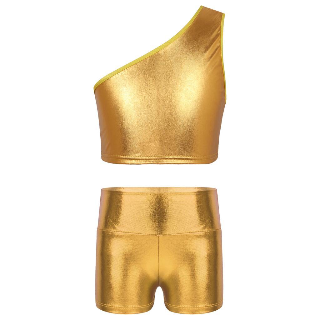 Kids Girls Metallic Single Shoulder Crop Top with High Waist Shorts for Sports Gymnastics Workout