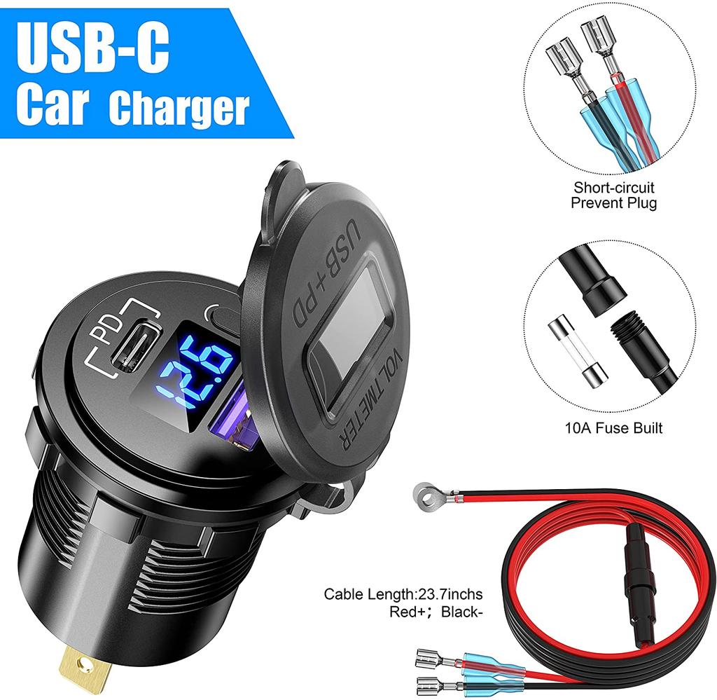 Автомобильное зарядное устройство Quick Charge 3.0 USB PD Type-C, розетка USB 12 В со светодиодным вольтметром и переключателем ВКЛ/ВЫКЛ, водонепроницаемая для морских лодок, мотоциклов и т. д.