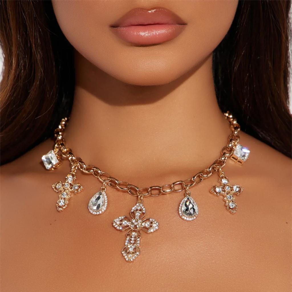 Хип-хоп ожерелье с подвеской в виде креста, панк-аксессуар со стразами