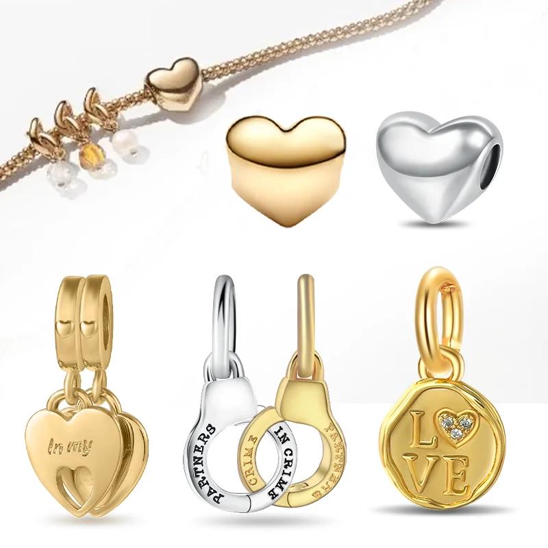 Silver S925 Heart Series Charm Gold Love Star Beads Double Dangle Charm Be Love Heart Charm for Women Diy Jewelry Gifts