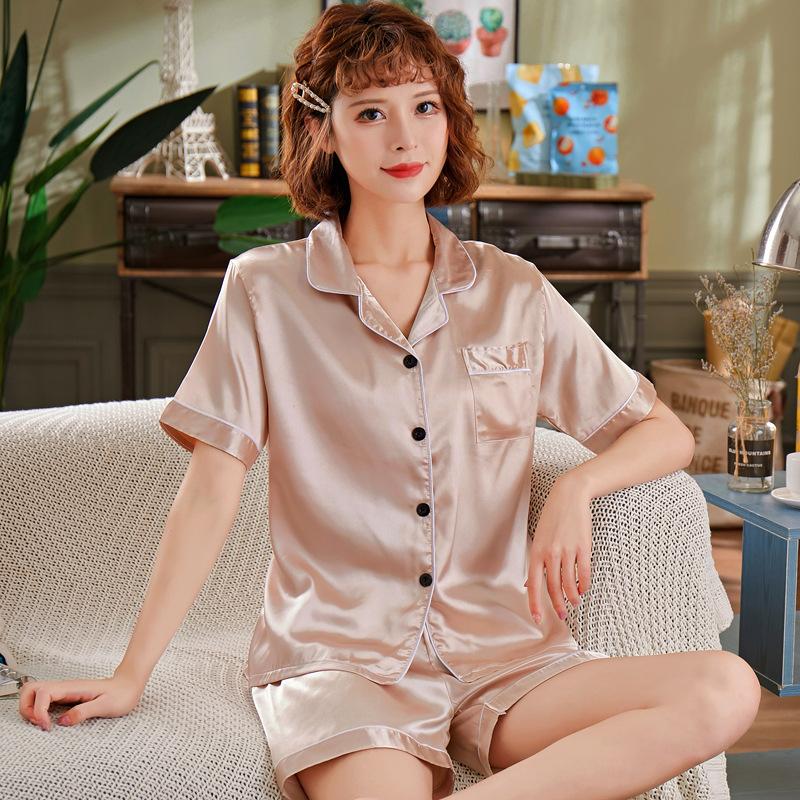 Летняя однотонная пижама женская свободная большого размера из ледяного шелка с короткими рукавами, двухсекционный тонкий костюм в японском стиле принцессы