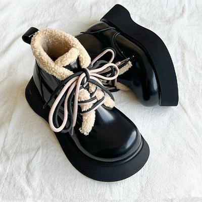 Круглый носок Шнуровка Массивные Снежные ботинки для женщин Кожаные Плюшевые Ботильоны Удобная и Элегантная Обувь Осень Зима Женская Обувь