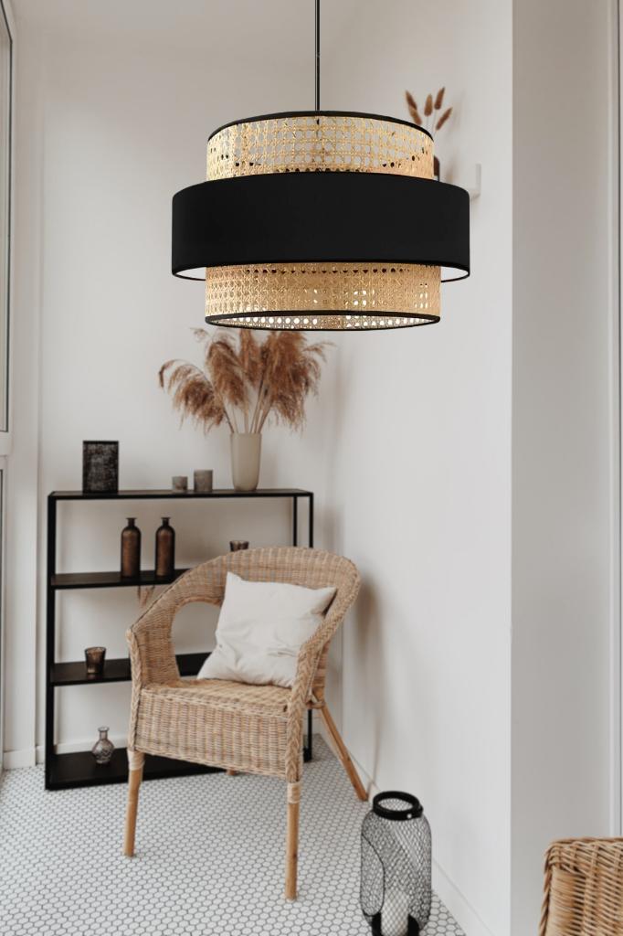 Bohemian Trio Metal Frame Real Rattan and Black Fabric Living Room Chandelier Three-Layer Cake Bedroom Pendant Lamp