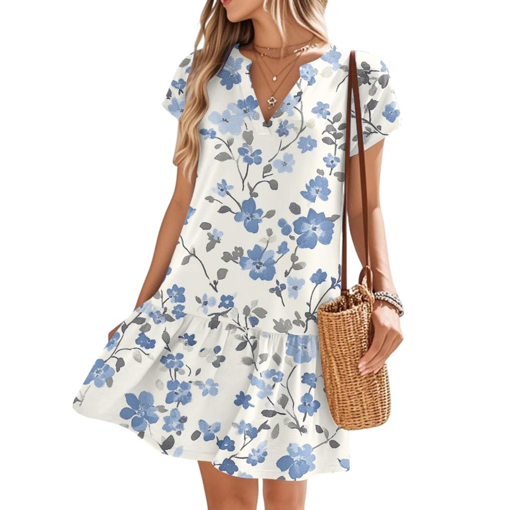 Женские платья с коротким рукавом и V-образным вырезом с цветочным принтом Свободные повседневные пляжные платья в стиле темперамент