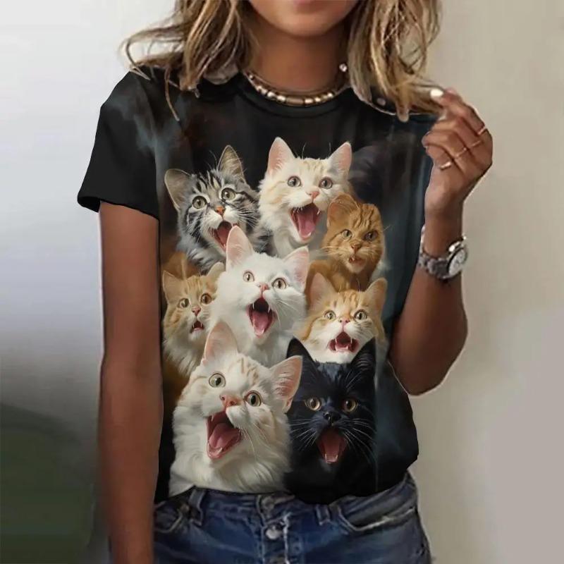 Женская футболка с принтом в стиле ретро с изображением животных из мультфильмов, кошек и собак, повседневная модная футболка с коротким рукавом, женская одежда, топ, футболка