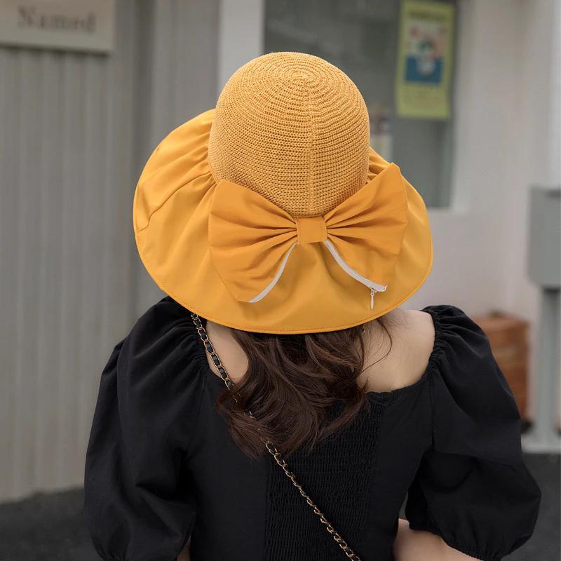 WTEMPO Fashion Foldable Soft Bow Bucket Sun Hats Women's Wide Brim Retro Simple Elegant Versatile Hollow-out Hats