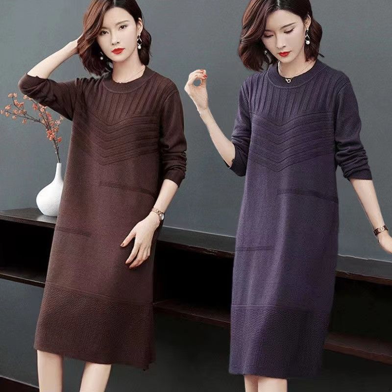 Вязаное платье-свитер до колен для женщин, осенне-зимнее, стильный пуловер средней длины и однотонное вязаное платье-пуловер с длинным рукавом