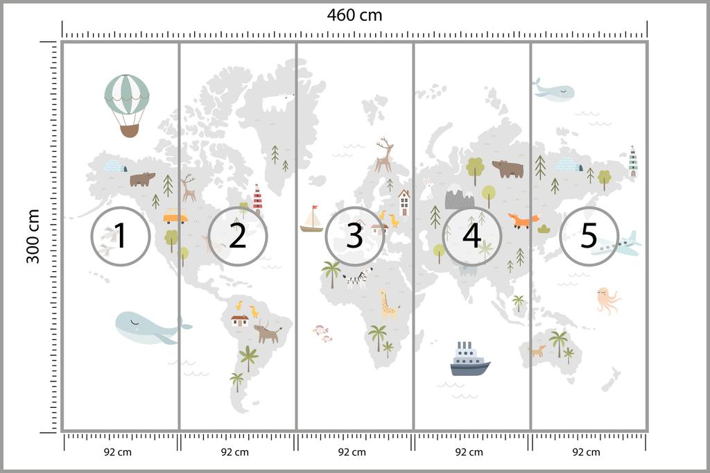 Photomural World Map With Cute Animals In Cartoon Style. Map For Nursery, Kids Room With Nature, Animals, Transports. Skandi Washable Fleece 460x300