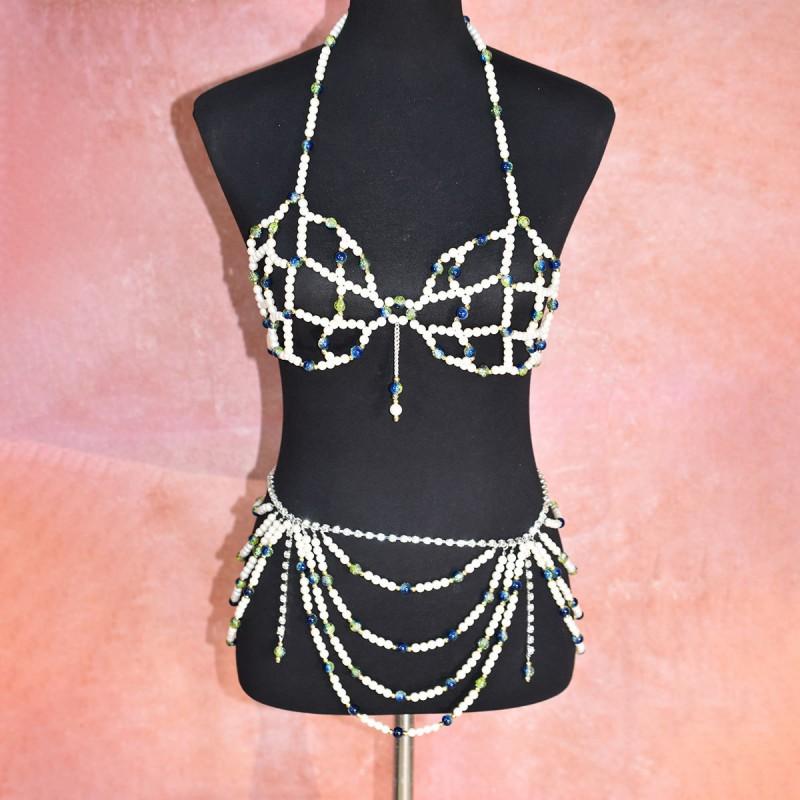 Womens Body Chain Set With Glass Bead Accent Fashionable Bra Top Waist Skirt Outfit Party Evening Wear