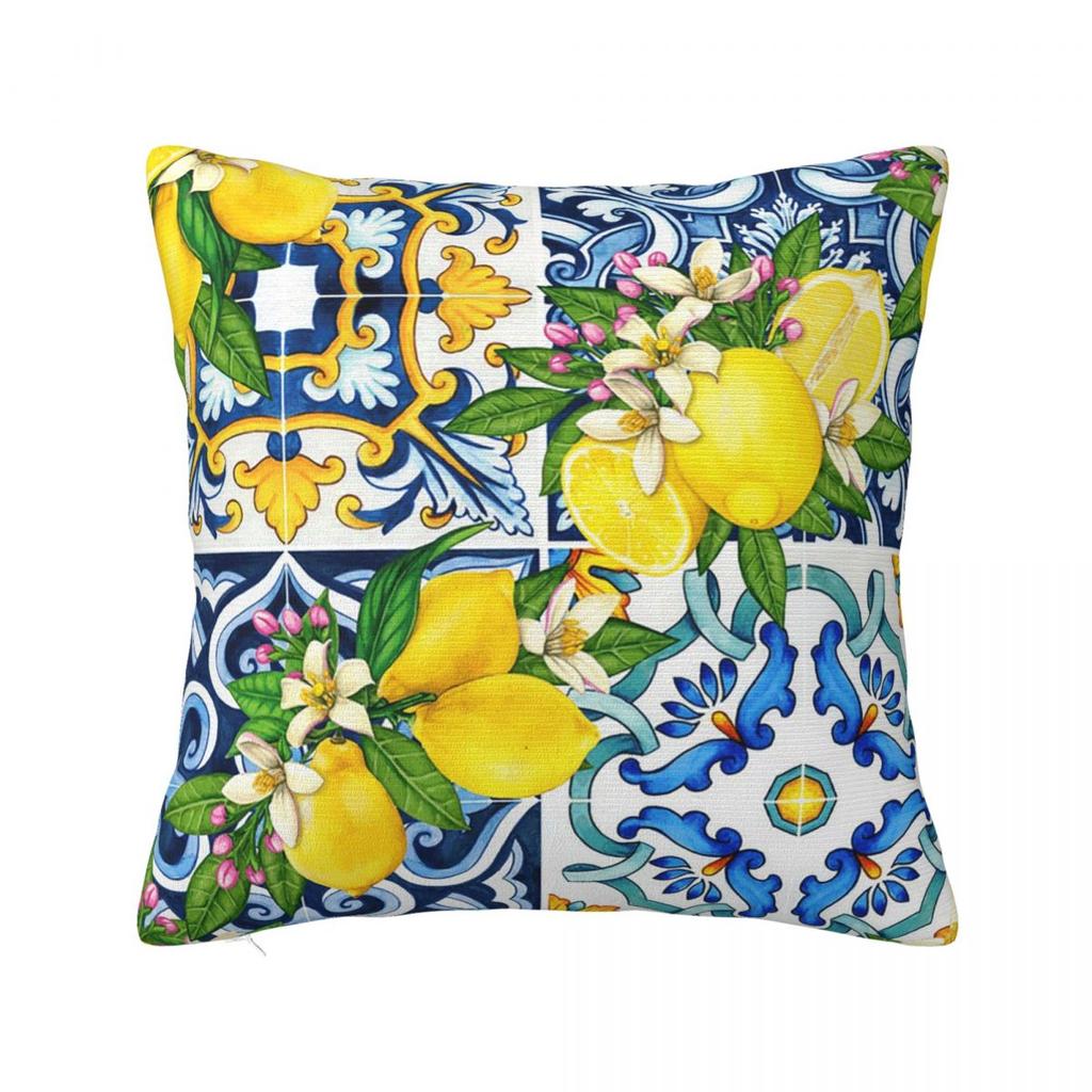 Bright Mediterranean Sicilian Tiles With Citrus Lemons Square Pillowcase Pillow Cover Cushion Comfort Throw Pillow for Home Car