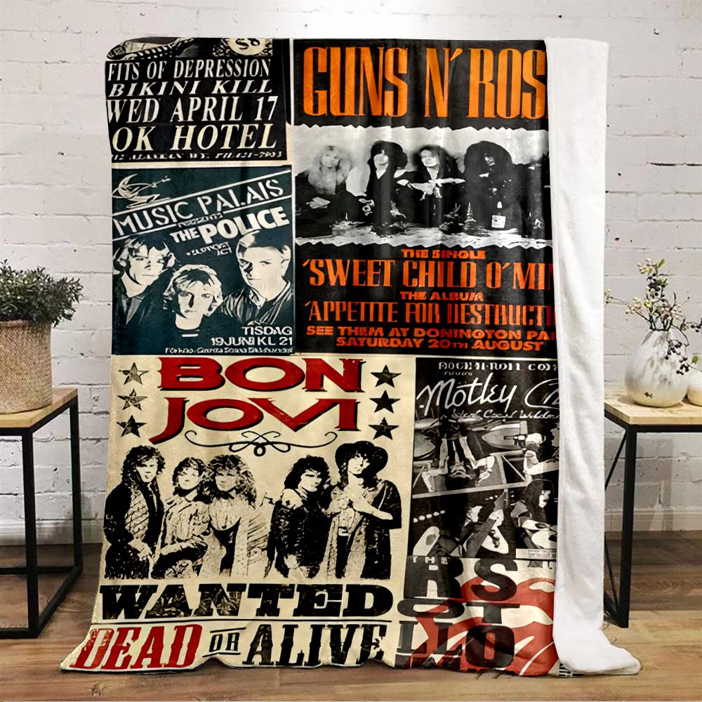 Warm Blanket Vintage Rock Band Posters Collage Guns Roses Bon Jovi Sofa Couch Decor