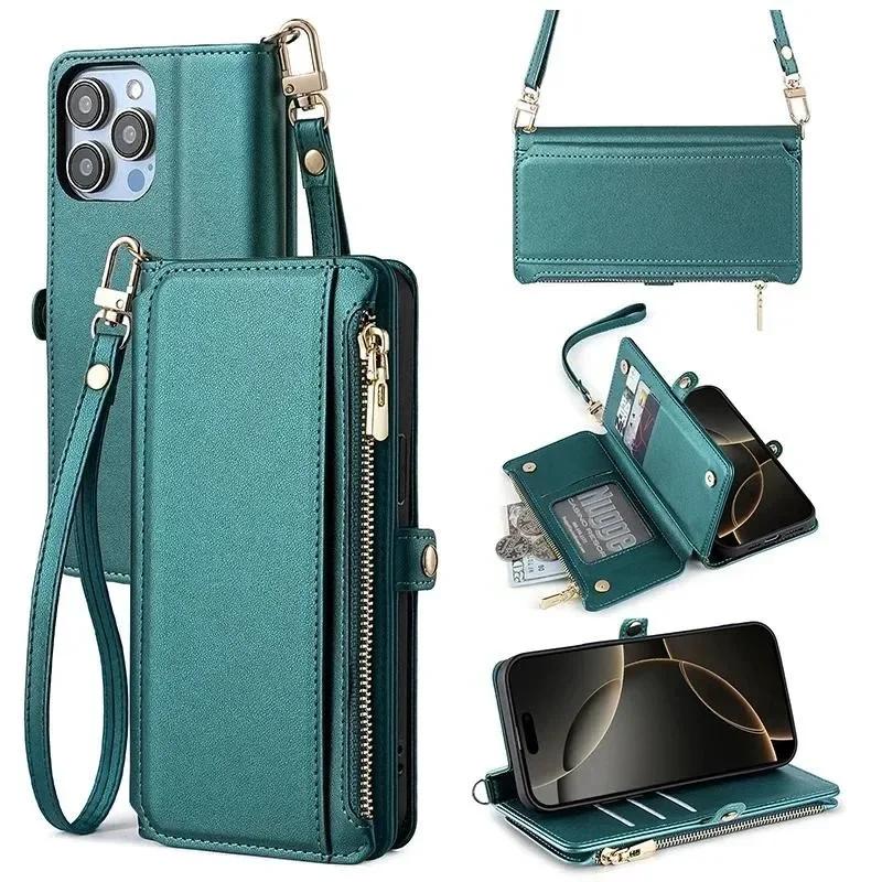 Long Strap Crossbody Leather Case For Google Pixel 10 Pro XL Pixel 9 Pro 9A 8 8A 7 7A 6 6A Zipper Wallet Card Stand Phone Cover