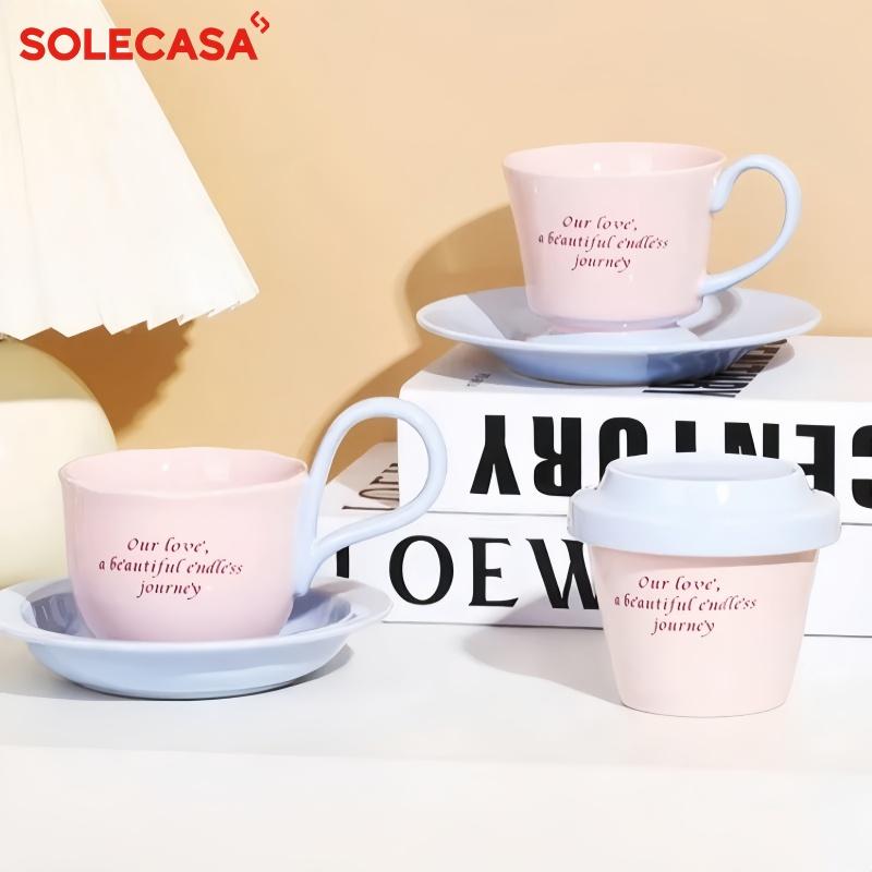 Керамические кружки SOLECASA с креативной ручкой Розовый Синий Кофейная чашка и блюдце Набор для послеобеденного чая Кофе Латте Кружки Домашний набор кофейных кружек