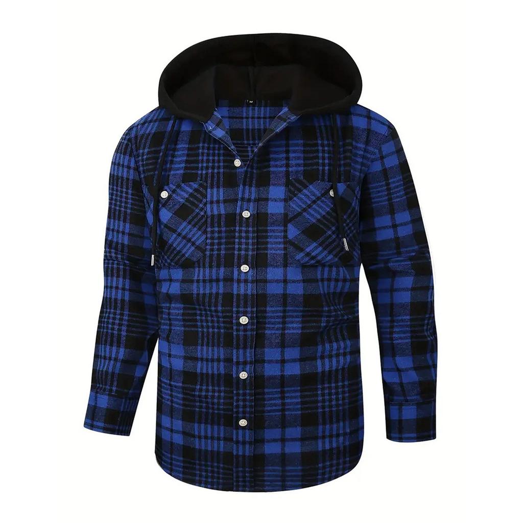 Мужская клетчатая рубашка с длинным рукавом, мужская толстовка с капюшоном и карманами на пуговицах