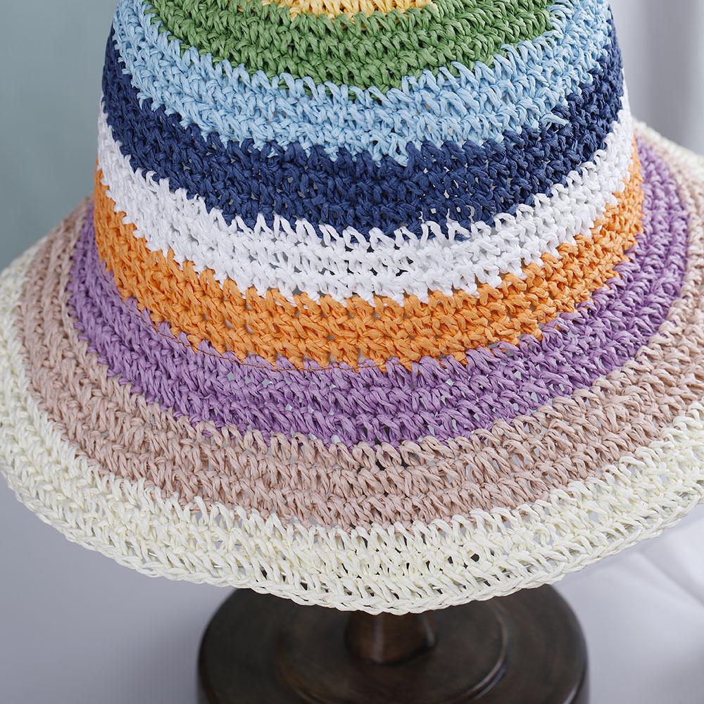 Летняя радужная полосатая панама Женская вязаная крючком пляжная шляпа-рыбак Складная ручной работы Плетеная шляпа от солнца Женская панама