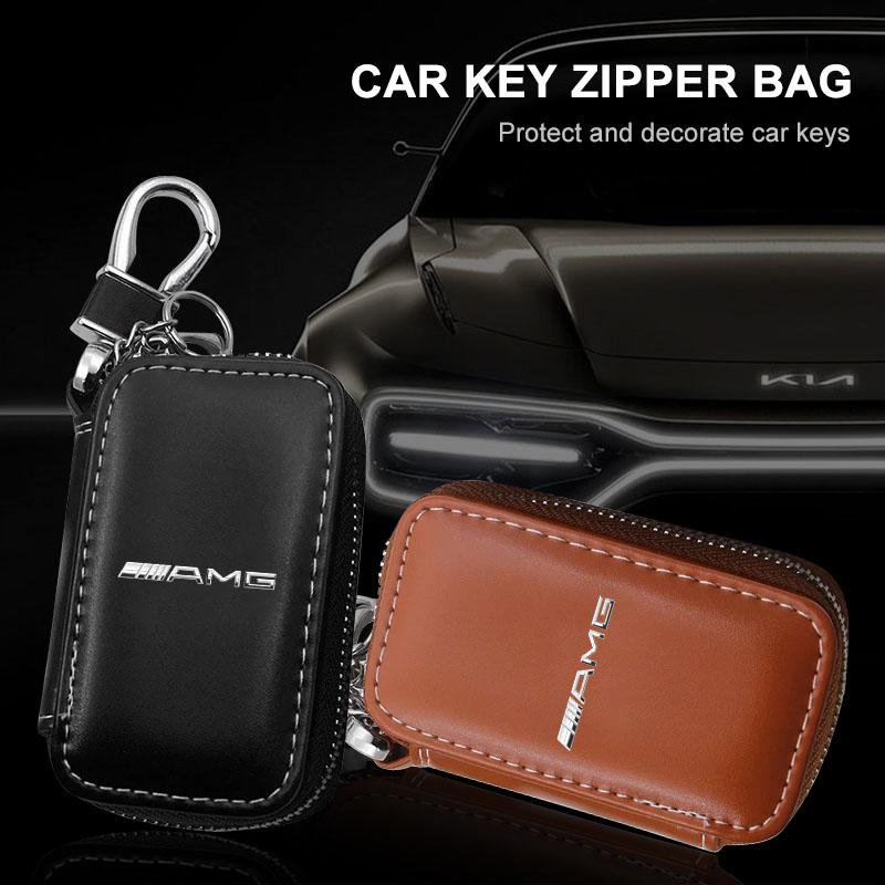 Leather Emblem Car Key Case Keychain Zipper Key Case Bag Car Accessories For Mercedes-Benz AMG C500 C200 C300 A B C E GLA CLA GLK GL ML GLE W204 W205