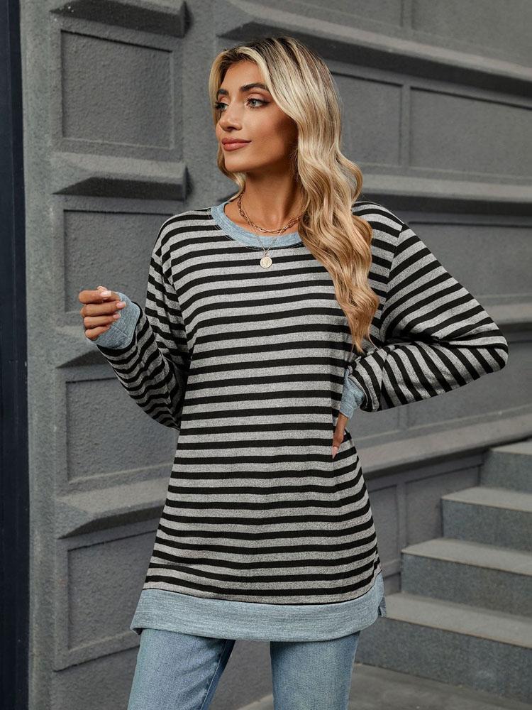 Элегантная и модная осенне-зимняя удобная однотонная полосатая футболка с круглым вырезом и длинными рукавами, повседневная футболка, свитер, толстовка с капюшоном