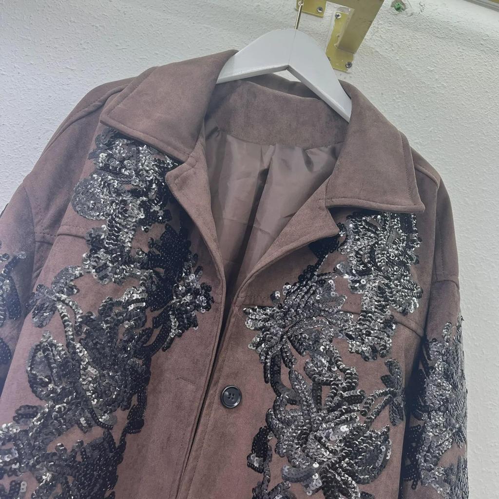 2024 Women's Brown Leather Jacket with Heavy Sequin Embroidery - Cool Motorcycle Style