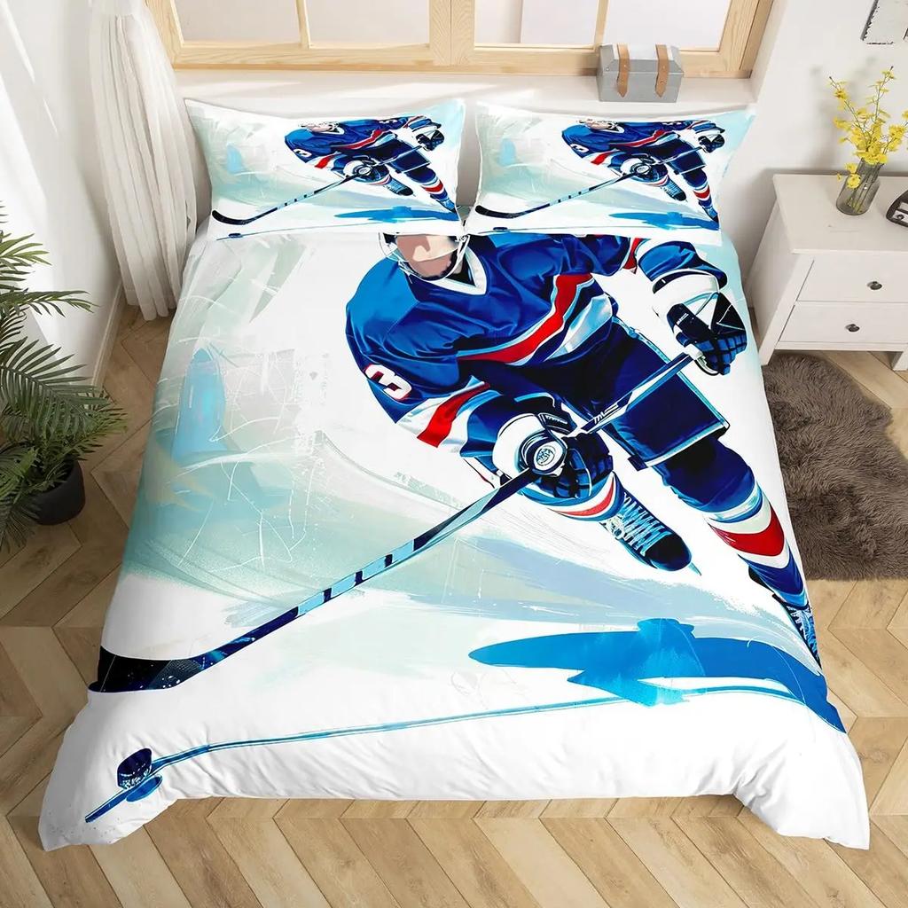 Граффити Хоккей Пододеяльник Зимний Спорт Постельное Белье Комплект Детский Мальчики Хоккеист Пододеяльник Акварель Спорт Покрывало