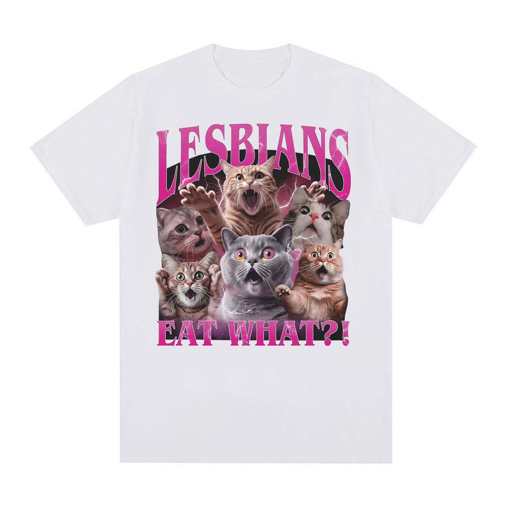 Summer Lesbians Eat What! Funny Offensive Cat Meme 100% Cotton Printing T Shirt Men Women Fashion Hipster Tops Short Sleeve Y2K