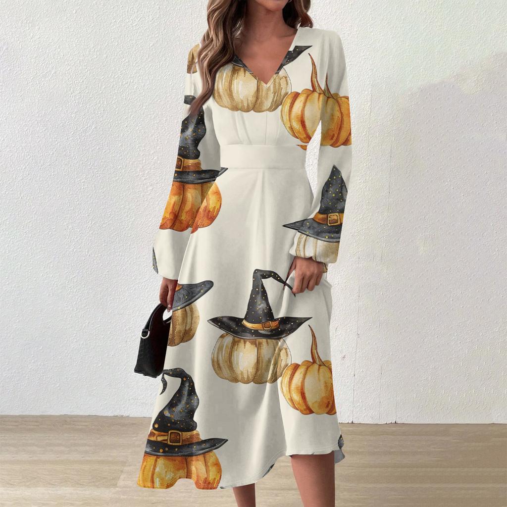 Женское осенне-зимнее повседневное модное длинное платье с v-образным вырезом и длинным рукавом с принтом