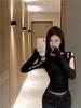 Черная женская облегающая футболка Bodycon - Сексуальный дизайн с вырезами для весны/лета 2025