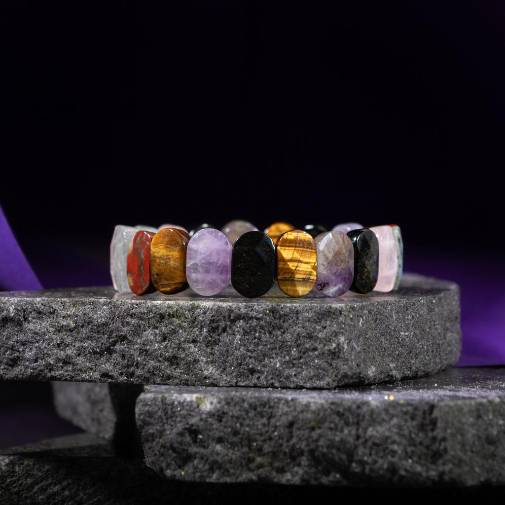 Браслет Девы Аметист, Золотой обсидиан, Тигровый глаз, Лабрадорит, Розовый кварц, Моховой агат