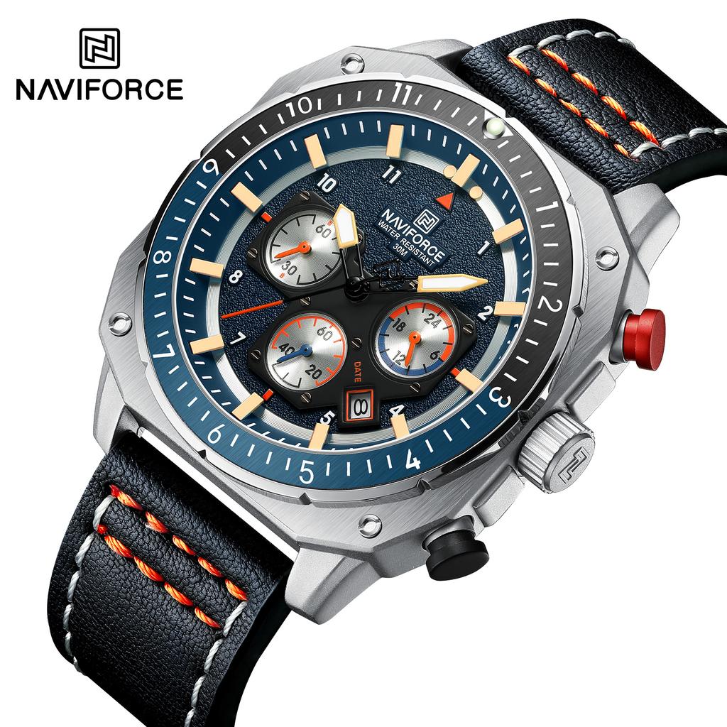 Мужские кварцевые часы Naviforce NF8057 Classic с эксклюзивным ремешком из натуральной кожи, водозащитой, индикатором даты и хронографа, деловые наручные часы