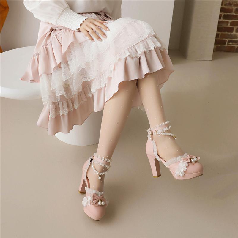Туфли-лодочки Лолита с ремешком на щиколотке, с круглым носком на платформе, на высоком каблуке Kawaii, женская обувь с пряжкой и бантом из бисера, весна-осень