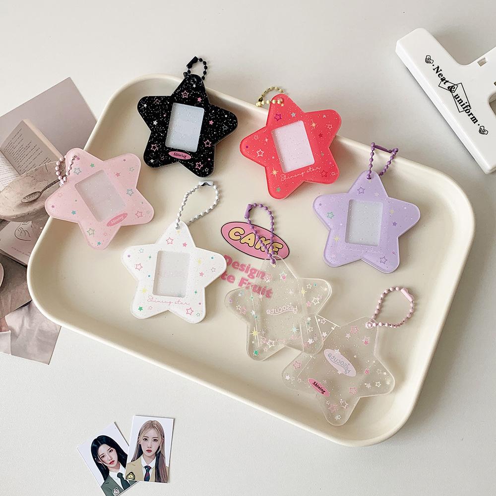 Glitter Star Card Holder with Keychain Acrylic 1-Inch Photocard Holder ID Card Case Student Kpop Idol Photo Card Bag Key Chain