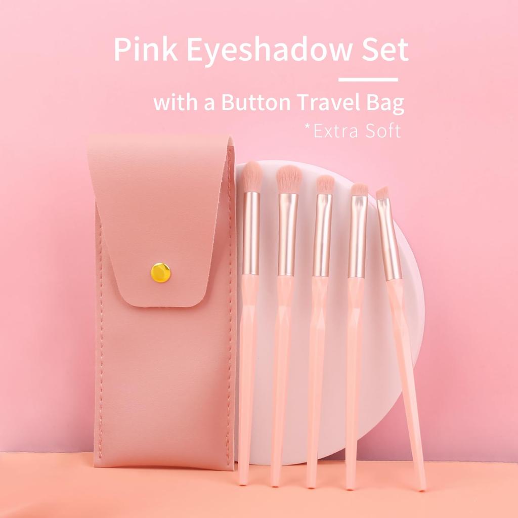 ENZO KEN Pink Resin Eyeshadow Makeup Brush Set with Travel Portable Eyeshadow Brush Set for Smoky Eye Nose Dark and Puff Hourglass Handle Bag,