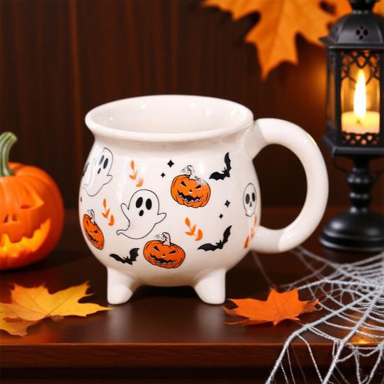 Ceramic Cauldron Coffee Mug with Ghosts Pumpkins Bats Halloween Tea Cups Personalized Witchy Gifts for Sisters Family