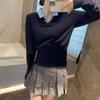 Preppy Two-Piece Bow Knit Sweater with Shirt Collar for Women