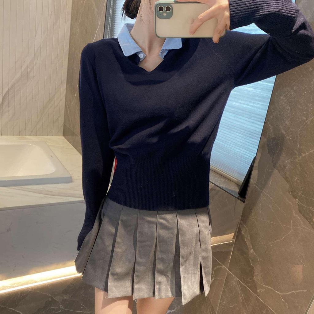 Preppy Two-Piece Bow Knit Sweater with Shirt Collar for Women