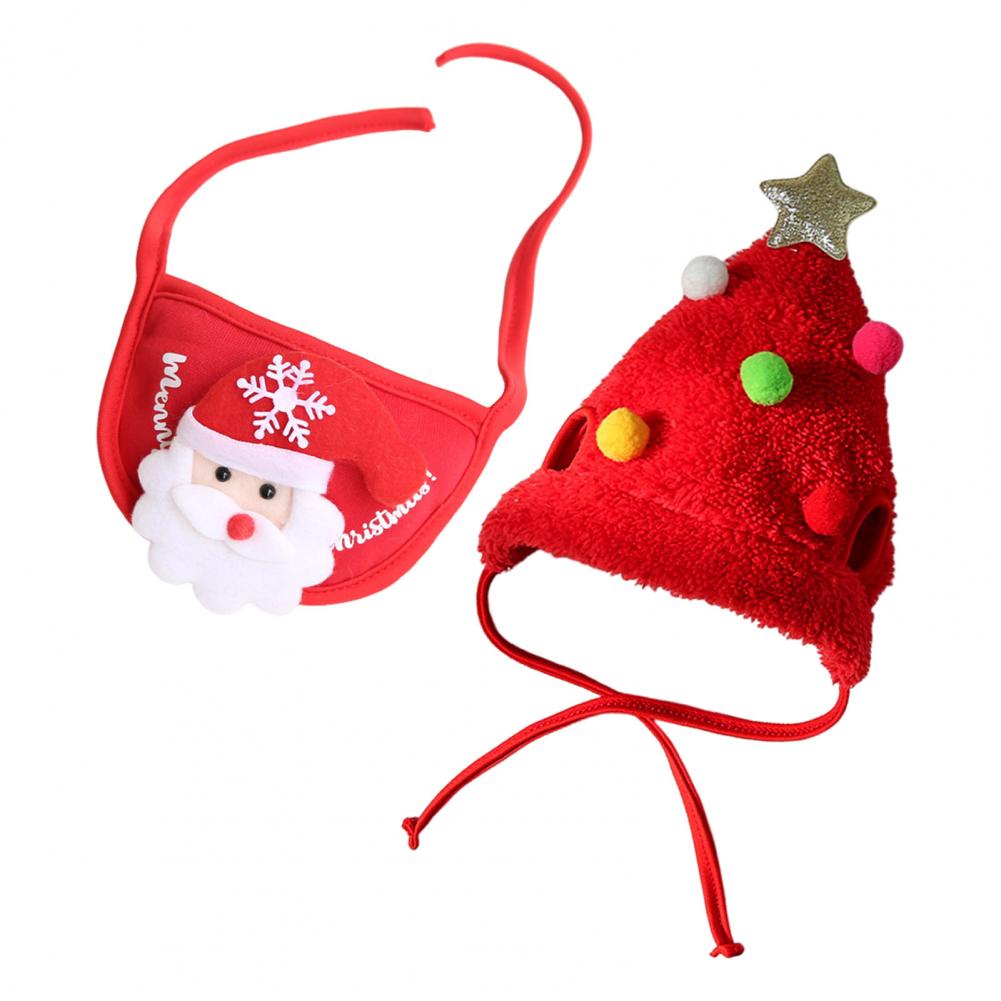 Cute Pet Christmas Attire Festive Pet Accessories Festive Christmas Pet Outfit Set with Tree Pom-pom Hat Bib for Small Dogs Cats