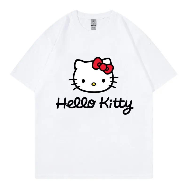 Hello Kitty Cartoon Anime Women T-shirt Summer Short Sleeve 100% Cotton Men Tee Shirts Tops 2026 New Fashion Couple Clothing