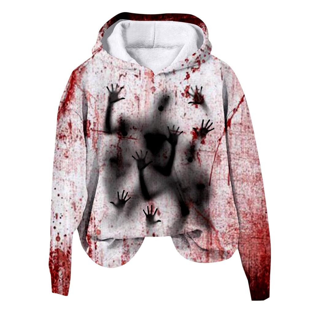 Women's 3D Bloody Letters Printed Long Sleeved Loose Hooded Sweatshirt New Halloween Ladies Casual Long Sleeved Pullover