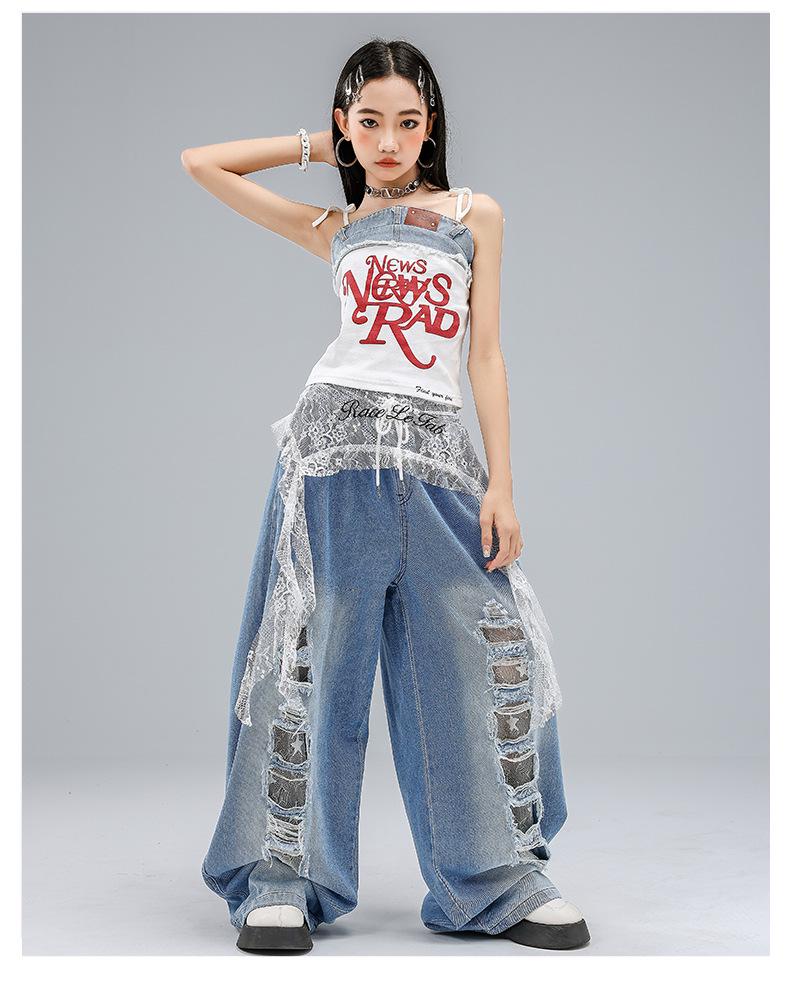 Костюм для джазового танца в корейском стиле для девочек - Детские рваные джинсовые шорты для летнего выступления.